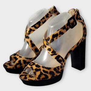 Limelight Lyanna Animal Leopard Print Platform Peep Toe Chunky Block Heels 8.5